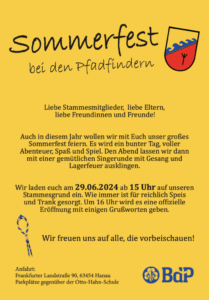Einladung zum Sommerfest am 29.06.2024 ab 15 Uhr auf dem Grundstück der Pfadfinder in der Frankfurter Landstr. 90 in Hanau.